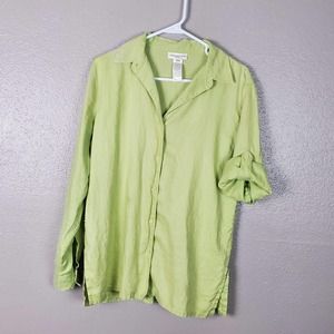 Jones NY Sport Yellow/Green Linen Roll Tab Sleeve Button Front Shirt M